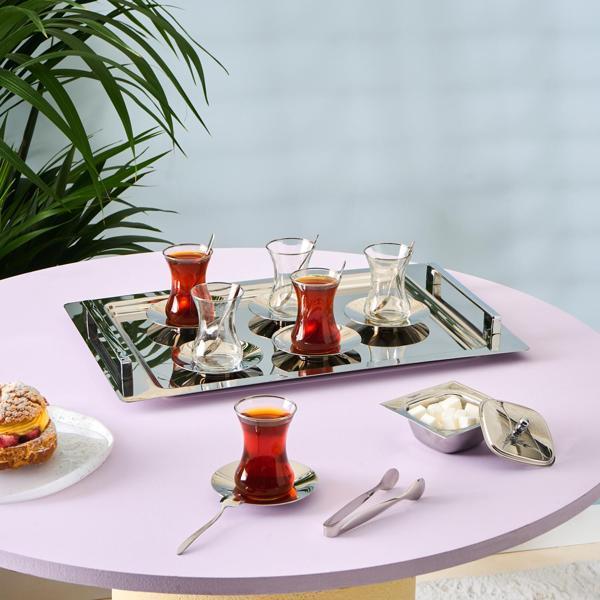 Karaca Jamie Platin Çelik Tepsili 40 Parça 12 Kişilik Çeyiz Çay Seti - Image 1