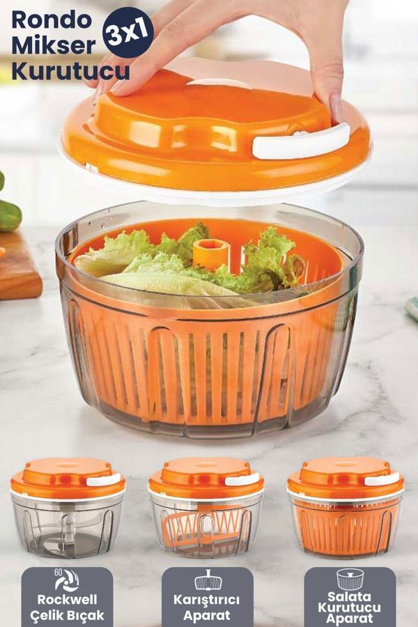 İronika 3 Fonksiyonlu İpli Karıştırıcı El Rondosu Doğrayıcı Salata Kurutucu Blender Seti - Image 1