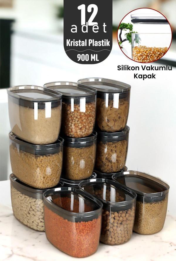 İronika 900 ml Gerçek Vakumlu Silikon Kapaklı Kristal Erzak Bakliyat Saklama Kabı Seti Baharatlık 12 Adet Antrasit - Image 1