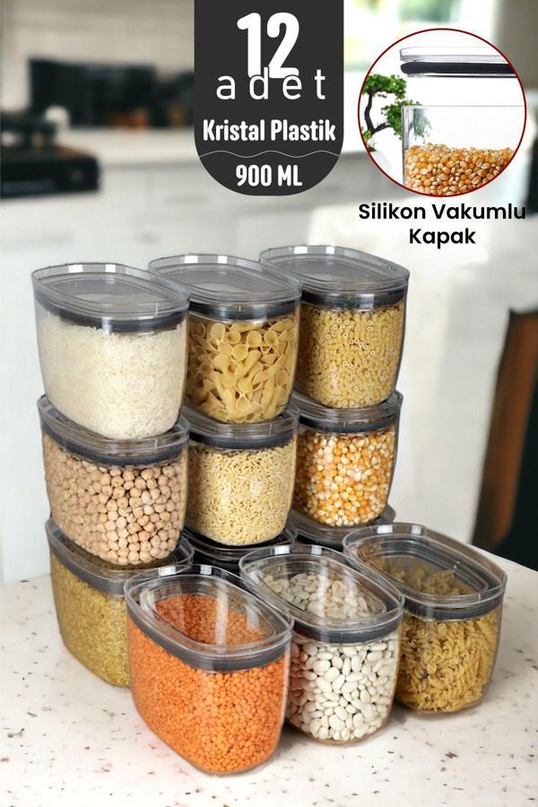 İronika 900 ml Gerçek Vakumlu Silikon Kapaklı Kristal Erzak Bakliyat Saklama Kabı Seti Baharatlık 12 Adet Şeffaf - Image 1