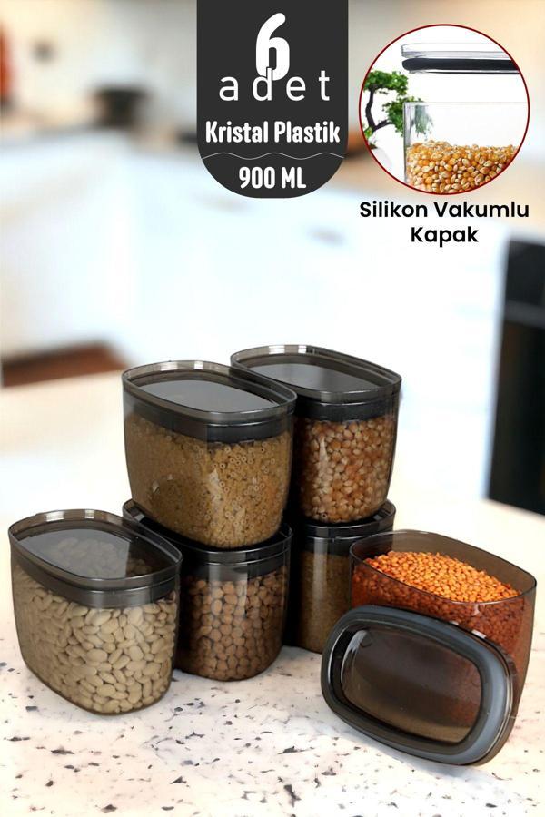 İronika 900 ml Gerçek Vakumlu Silikon Kapaklı Kristal Erzak Bakliyat Saklama Kabı Seti Baharatlık 6 Adet Antrasit - Image 1
