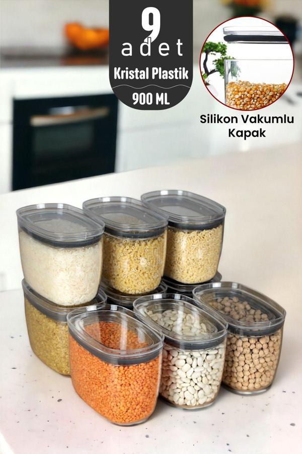 İronika 900 ml Gerçek Vakumlu Silikon Kapaklı Kristal Erzak Bakliyat Saklama Kabı Seti Baharatlık 9 Adet Şeffaf - Image 1