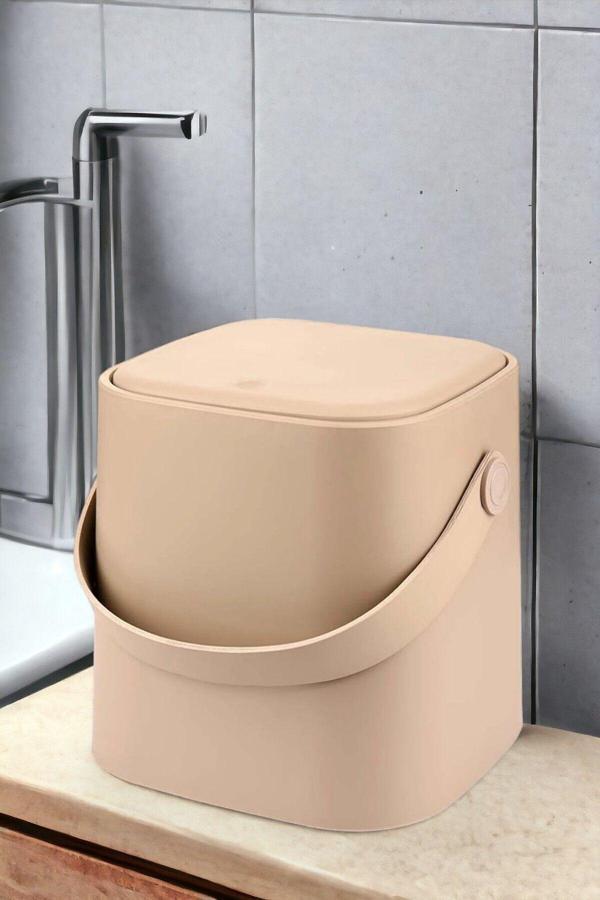 İronika Deri Saplı İç Kovalı Click Kapaklı Mutfak Banyo Tuvalet Çöp Kovası 4 LT Çöp Kutusu Kahve - Image 1