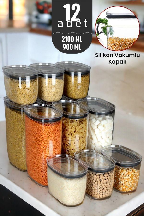 İronika Gerçek Vakumlu Silikon Kapaklı Kristal Erzak Bakliyat Saklama Kabı Seti Baharatlık 6x900ml 6x2100ml Şeffaf - Image 1