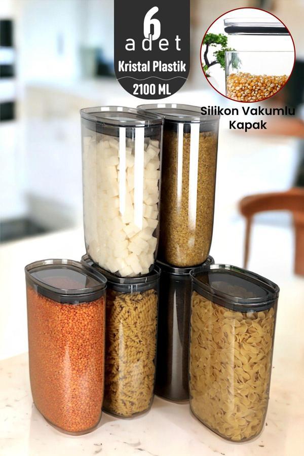 İronika Jumbo Boy 2100 Ml Gerçek Vakumlu Silikon Kapaklı Kristal Erzak Bakliyat Saklama Kabı Seti Baharatlık 6 Adet Antrasit - Image 1