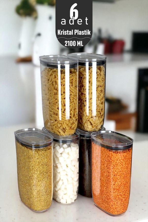 İronika Jumbo Boy 2100 ml Gerçek Vakumlu Silikon Kapaklı Kristal Erzak Bakliyat Saklama Kabı Seti Baharatlık 6 Adet Şeffaf - Image 1