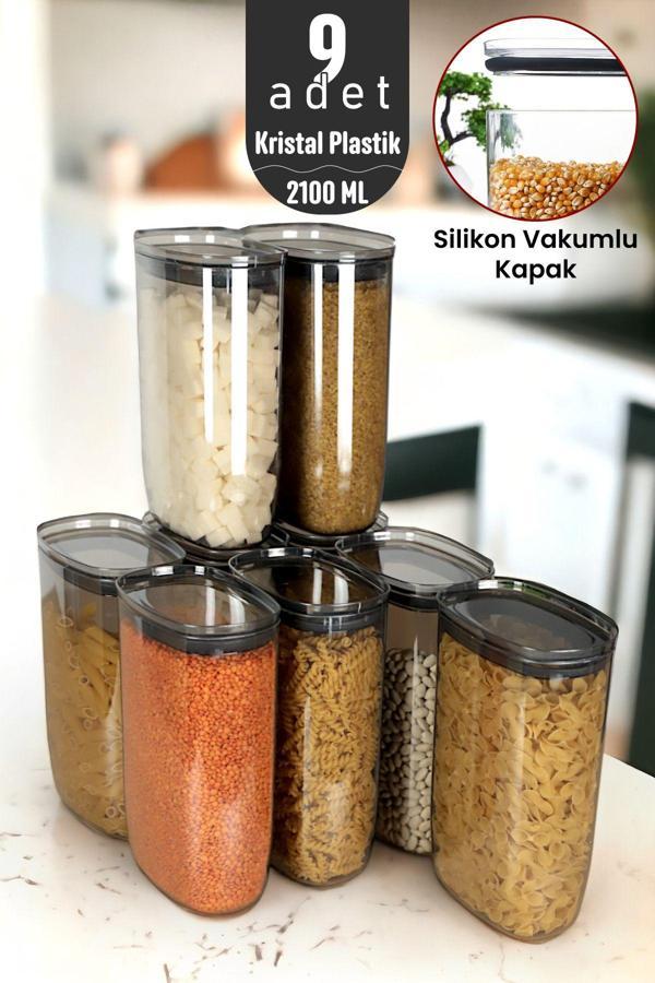 İronika Jumbo Boy 2100 ml Gerçek Vakumlu Silikon Kapaklı Kristal Erzak Bakliyat Saklama Kabı Seti Baharatlık 9 Adet Antrasit - Image 1