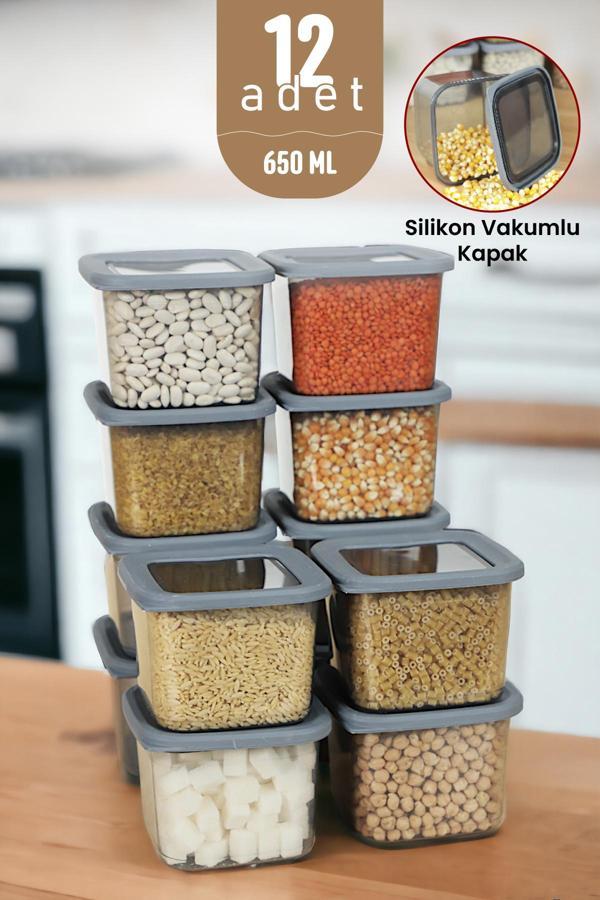 İronika Kapaklı Erzak Bakliyat Saklama Kabı Kare Saklama Kutusu Seti 12 Adet 650 ML - Image 1