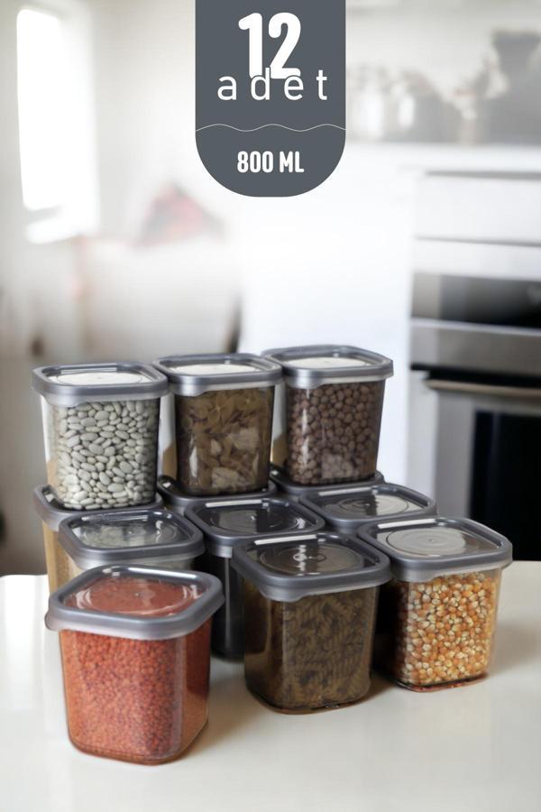 İronika Kapaklı Erzak Bakliyat Saklama Kabı Kare Saklama Kutusu Seti 12 Adet 800 ML - Image 1