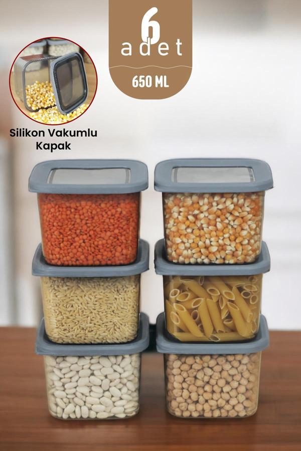 İronika Kapaklı Erzak Bakliyat Saklama Kabı Kare Saklama Kutusu Seti 6 Adet 650 ML - Image 1