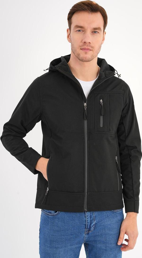 Shell Siyah Erkek Softshell Mont Kapüşonlu Comfort Fit - Image 1