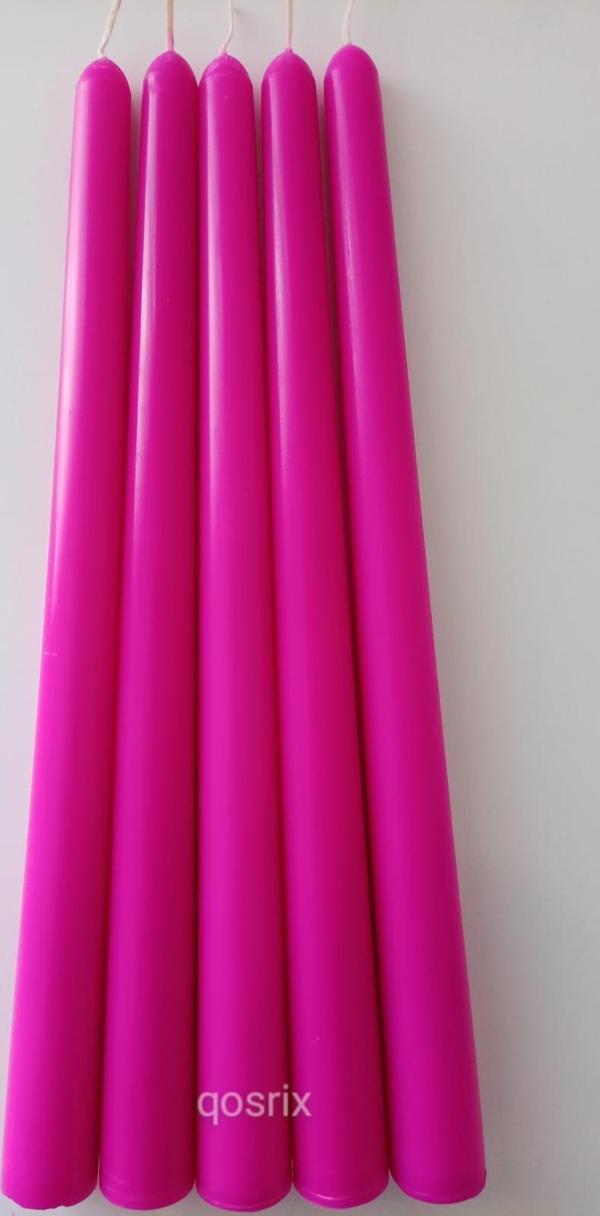 5'li Pembe Fuşya Şamdan Mumu 1. Kalite Doğal Kokulu Uzun Çubuk Konik Mum Dekoratif - Image 1