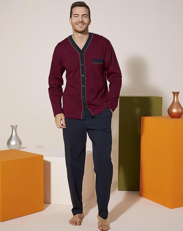 KLY 9217 Erkek V Yaka Boydan Düğmeli Pijama Takım - Image 1