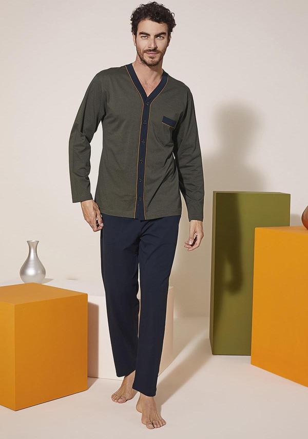 KLY 9217 Erkek V Yaka Boydan Düğmeli Pijama Takım - Image 1