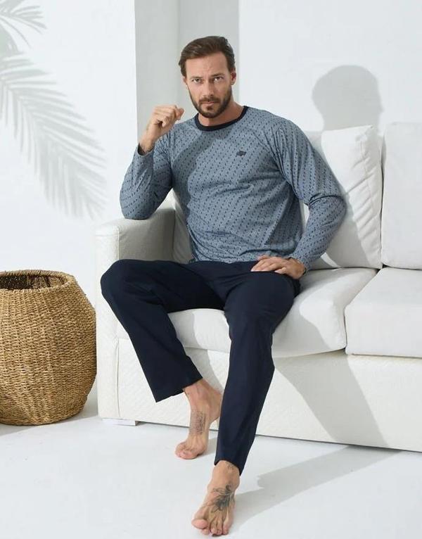 Kly 9243 Uzun Kol 0 Yaka 4 Mevsim Erkek Pijama Takımı - Image 1