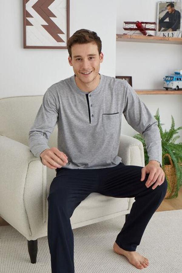 KLY 9111 Erkek Büyük Beden Midi Yaka Pijama Takım - Image 1