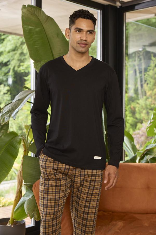 Kly 9265 Erkek V Yaka Ekose Uzun Kol Pijama Takım - Image 1