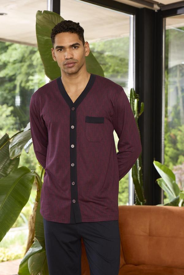 Kly 9252 Erkek V Yaka 4 Mevsim Boydan Düğmeli Uzun Kollu Pijama Takım - Image 1