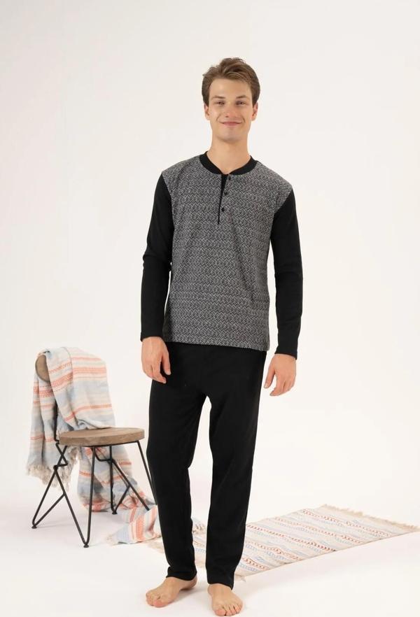 Estiva 24403 Büyük Beden Erkek Kışlık Düğmeli Yaka Jakarlı İnterlok Pijama Takımı - Image 1