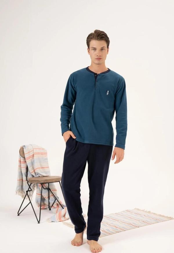 Estiva 24421 Erkek Kışlık Polar Düğmeli Yaka Pijama Takımı - Image 1