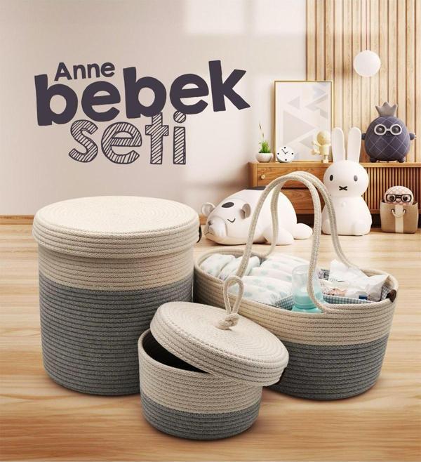 Jasper Jüt İp Hasır Gri Anne Bebek Bakım Çantası Anne Bebek Set Organizeri  - Image 1