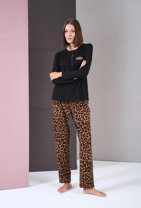 Pjs 26004 Kadın Uzun Kol Leopar Desenli Pijama Takım - Image 1