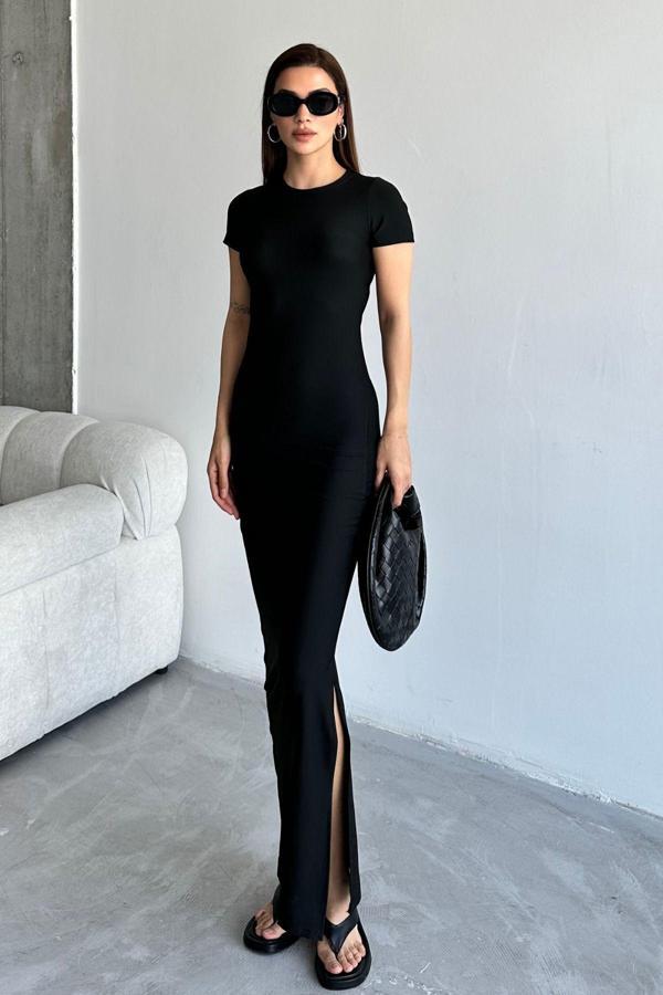 Kadın Siyah Bisiklet Yaka Toparlayıcı Likralı Yırtmaçlı Kalem Elbise - Image 1