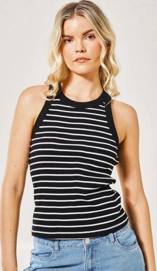 WAK Kadın Siyah Çizgili Halter Yaka Basic Bluz - Image 1