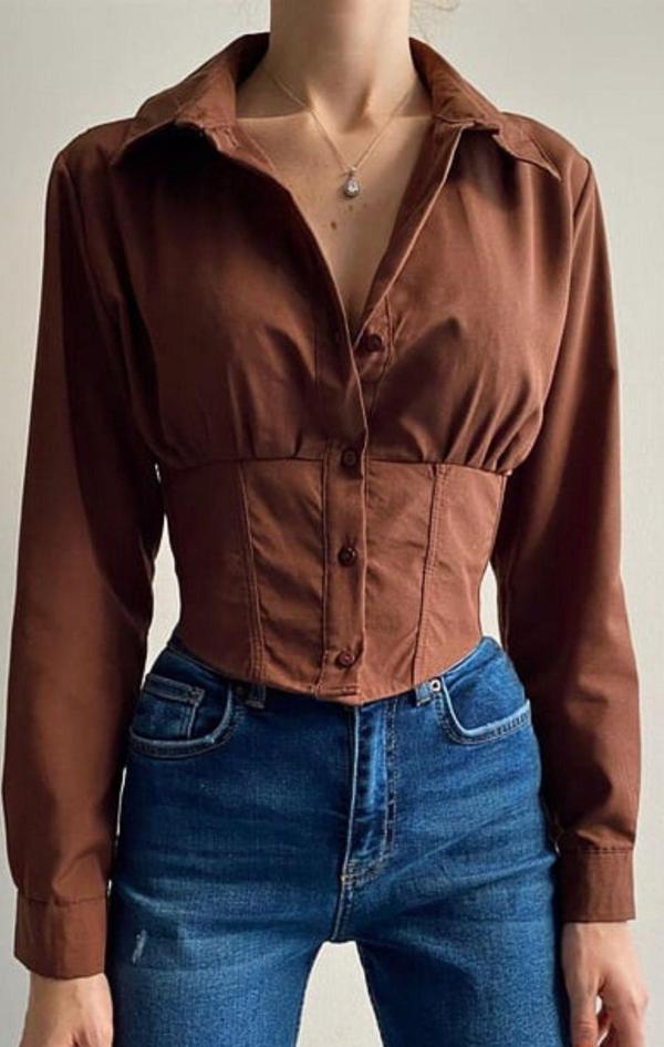 WAK - Kadın Kahverengi Beli Lastikli Korse Crop Gömlek - Image 1