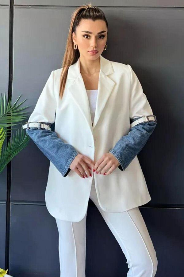 Kot Garnili Tasarım Astarlı Beyaz Blazer Ceket - Image 1