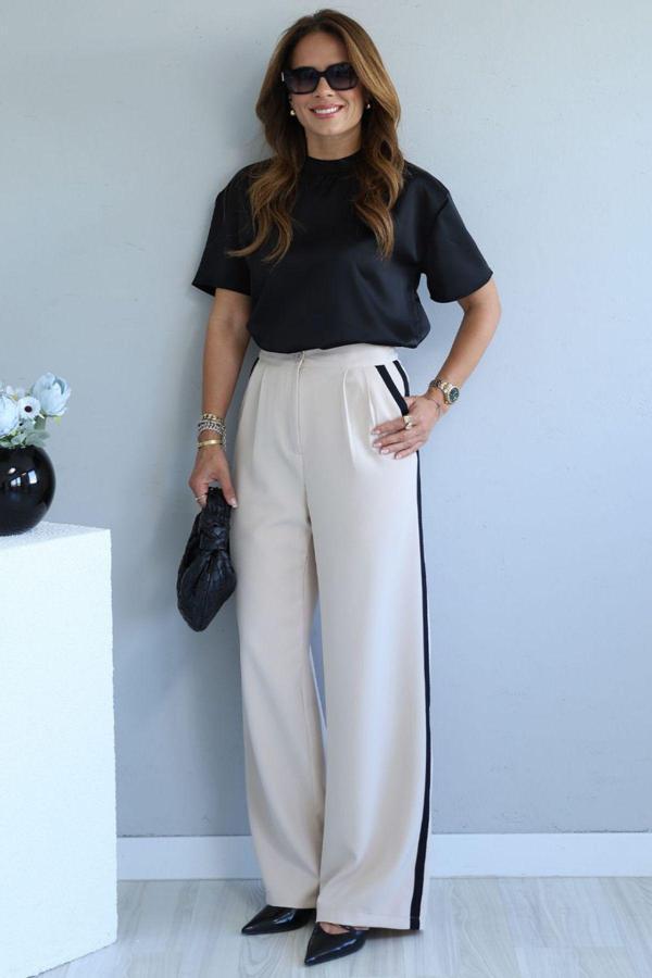 Kadın Taş Rengi Yanı şeritli Bol Paça Pileli Palazzo Kumaş Pantolon - Image 1