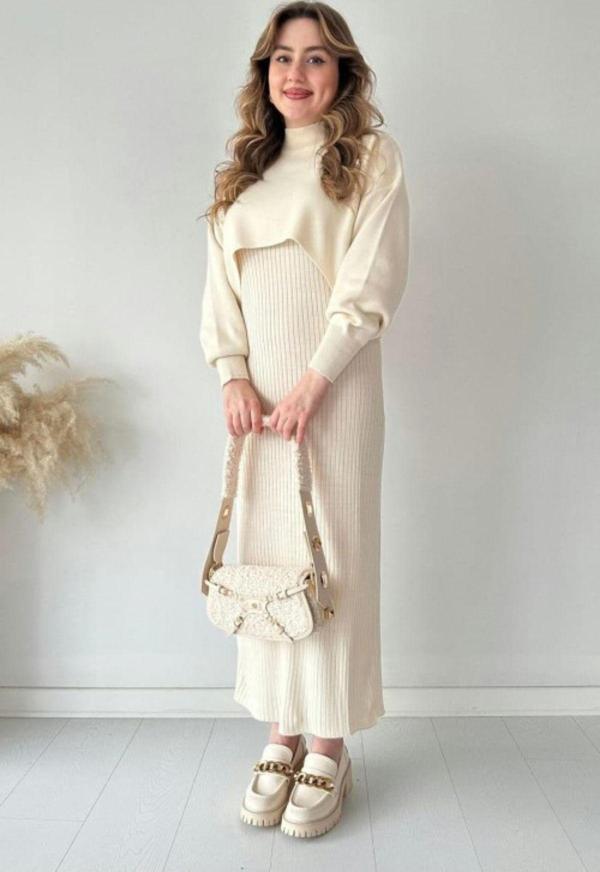 Ekru Bolero Kısa Kazaklı Midi Boy Triko Elbise Takım - Image 1