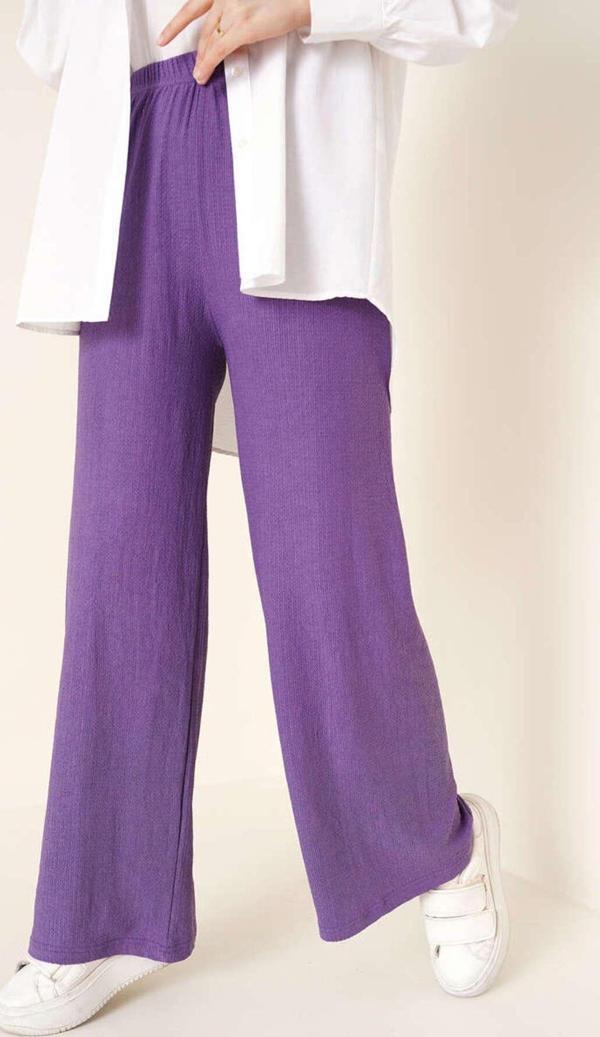 Kadın Mor Beli Lastikli Cepli Bol Paça Mevsimlik Pantolon - Image 1
