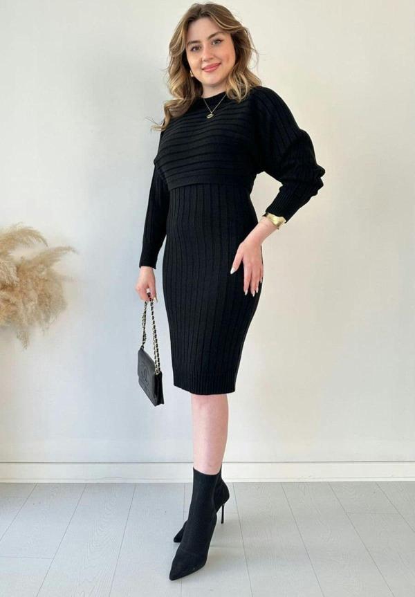 Siyah Crop Kazak Triko Elbise Alt Üst Takım - Image 1