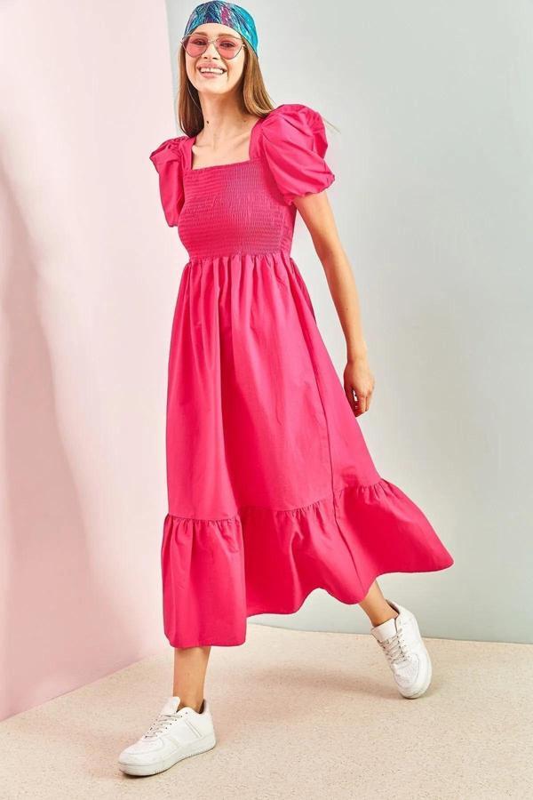 Kadın Fuşya Volanlı Gögüs Gipeli Balon Kol Yazlık Bodrum Elbise - Image 1