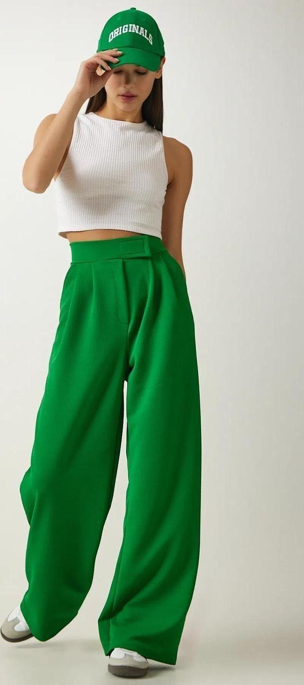 Kadın Beli Cırt Cırtlı Pileli Bol Paça Palazzo Pantolon Wide Leg - Image 1