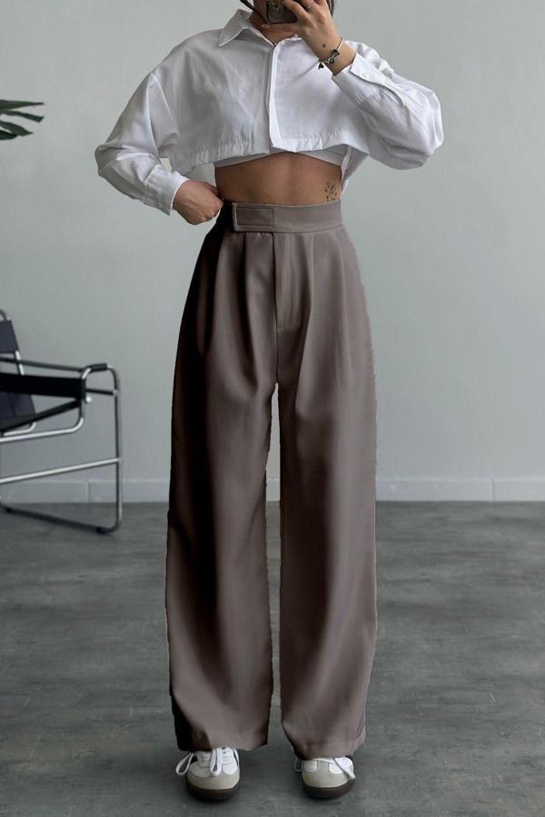 Kadın Bej Beli Cırt Cırtlı Pileli Bol Paça Palazzo Pantolon Wide Leg - Image 1