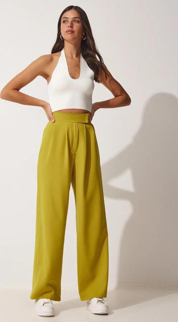 Kadın Beli Cırt Cırtlı Pileli Bol Paça Palazzo Pantolon Wide Leg - Image 1