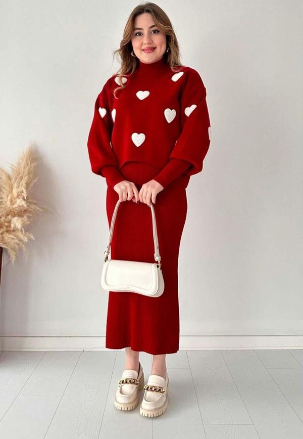 Kırmızı Kalp Kazak Midi boy Elbise Takım - Image 1