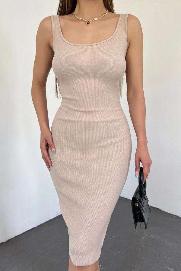 Kadın Taş Rengi Kalın Askılı Kare Yaka Kolsuz Kısa Elbise - Image 1