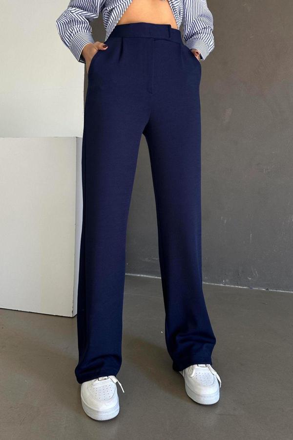 Yüksek Bel Likralı Beli Cırtlı Bol Paça Örme Palazzo Pantolon - Image 1