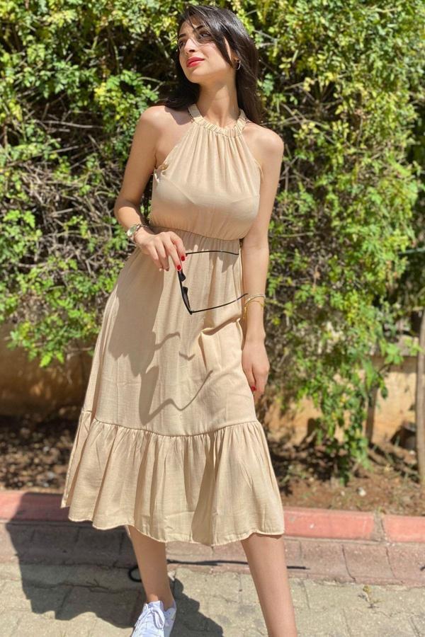 Kadın Bej Halter Yaka Midi Boy Yazlık Bodrum Elbise - Image 1