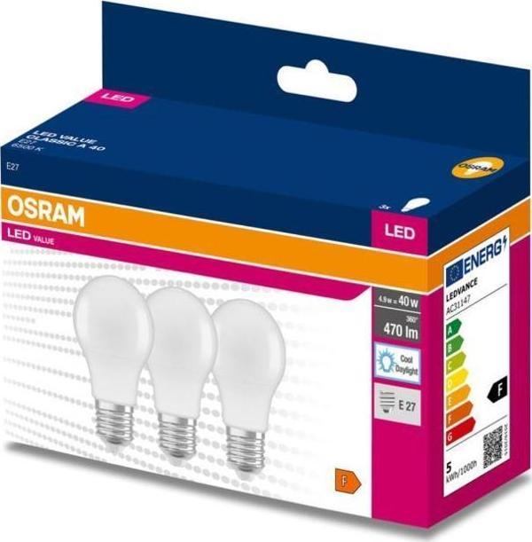 Osram Ledvalue 4,9W (40W) 3 lü Led Ampul Beyaz - 6500K E27 - Image 1