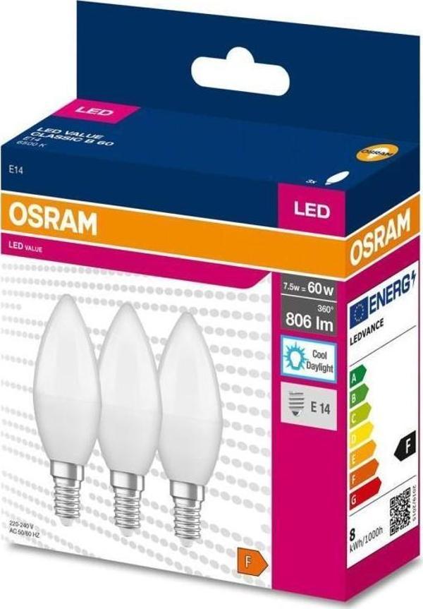 Osram Ledvalue 7,5W (60W) 3 lü Led Mum Ampul Beyaz - 6500K E14 - Image 1