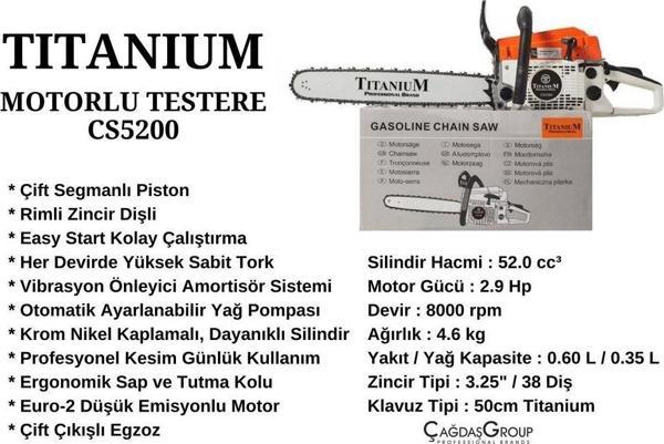 Titanium CS5200 Motorlu Testere - Ağaç Motoru - Hızar 2.8 HP - Image 1