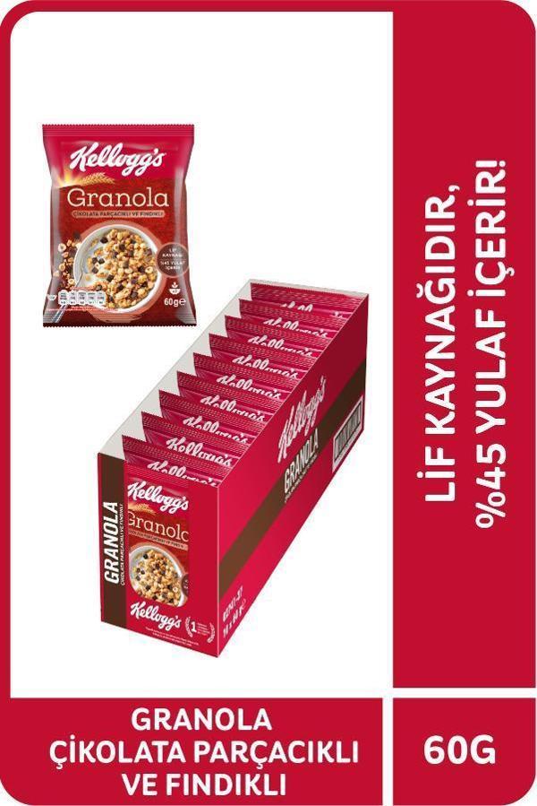 Kellogg's Çikolata Parçacıklı&Fındıklı Granola 60 Gr x10 Adet,%44 Yulaf içerir,Lif Kaynağı - Image 1