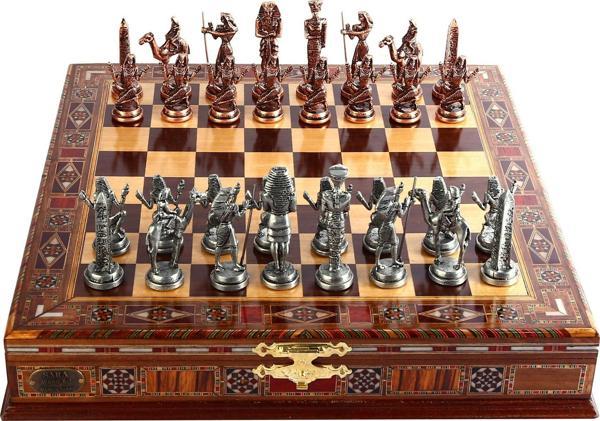 GiftHome Metal MISIR Satranç Takımı Antik ve El Yapımı Masif Ahşap Sandıklı Satranç Tahtası(38X38X6,5 cm.) - Image 1