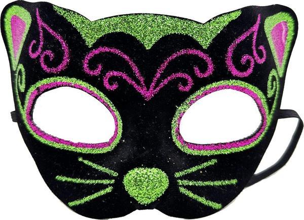 Siyah Kadife Kaplama Üzeri Pembe Yeşil Sim İşlemeli Kedi Maskesi 20x13 cm - Image 1