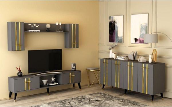 Cantek Dizayn Asel Tv Ünitesi Ve Konsol 2'Li Salon Takımı Antrasit-Altın - Image 1