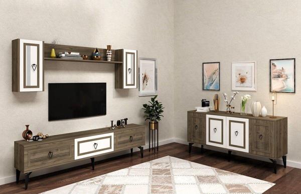 Cantek Dizayn Assya 180 Cm Tv Ünitesi Ve Konsol 2'Li Salon Takımı Ceviz-Beyaz-Ceviz - Image 1